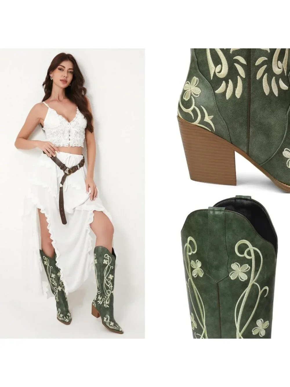 Women's Green Pu Cowgirl High Knee Vintage with Floral Embroidered Footwear - Picture 2 of 6